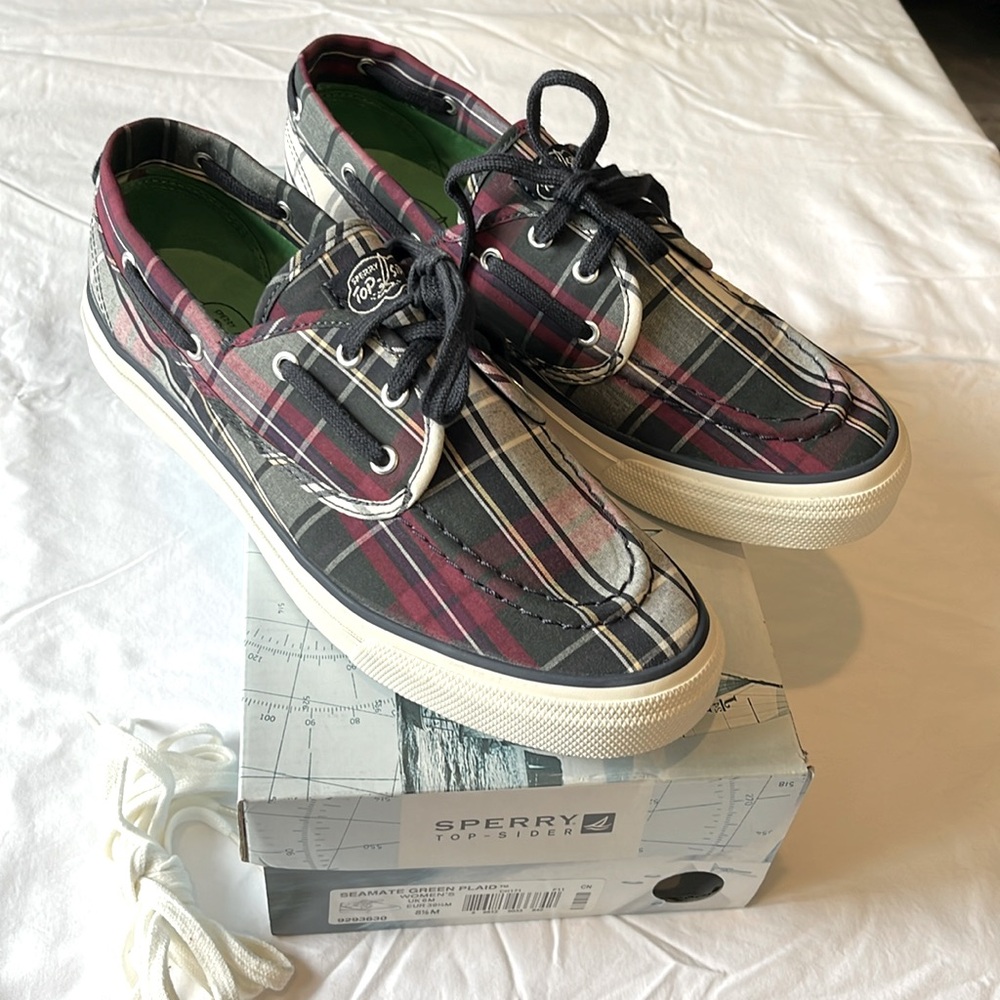 Sperry Top-Sider Seamate Green Plaid Boat Shoe Sneaker-GRN/Navy/Burg-Size 8.5